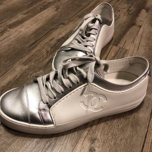 Chanel Silver and White Sneakers